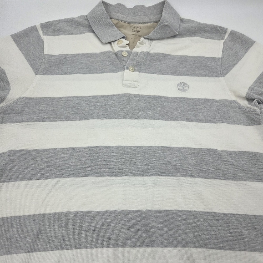 Timberland Gray White Wide Striped Cotton Polo Shirt Men Large Crest Logo VTG